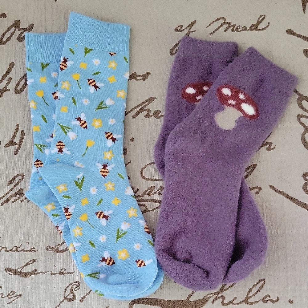 New Socks Bee Floral And Fuzzy Mushroom New !